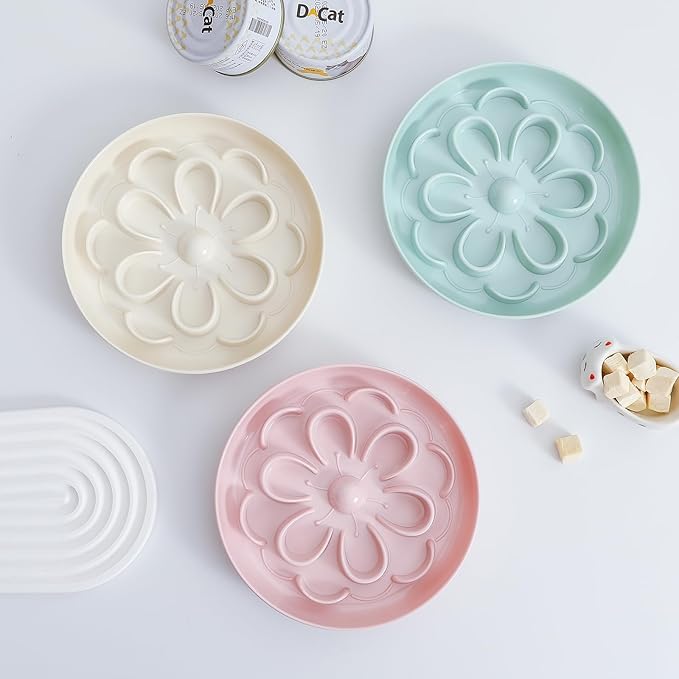 Slow-Food Cat Bowl - Made of Melamine, Suitable for Both Dry and Wet Food - Cute Flower Maze Pattern, Promotes Healthy Feeding and Helps Protect Whiskers - Dishwasher Safe - 6.3 in Wide x 1.1 in high