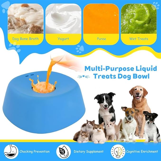 No Spill Dog Bowl with Raised Perimeter, Anti-Slip Slow Feeder for Liquid Treats, Blue/Black Colors, Multi-Purpose for Dogs and Cats (Blue)