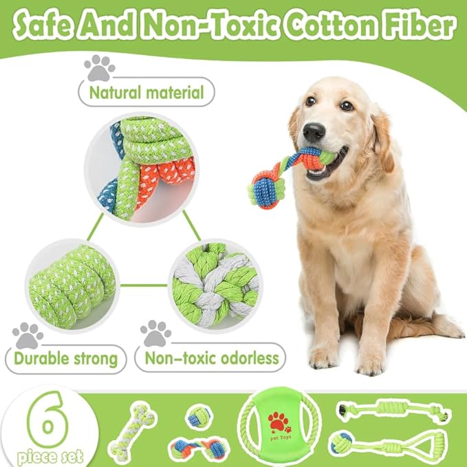 6Pack Dog Rope Toys, Interactive Tough Chew Toys for Small and Medium Dogs, Clean Teeth and Relieve Boredom, Tug of War, Aggressive Chewers, Cotton Rope Knot Puppy Dental Toy