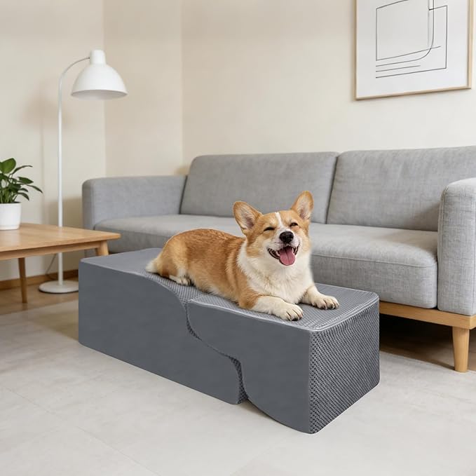 4-Step Dog Stairs, 19.8 Inch High Pet Steps for Small Dogs and Cats, Non-Slip Indoor Pet Ramp, Grey