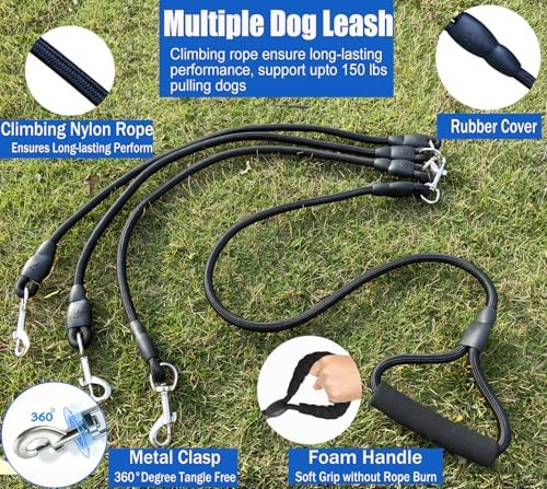 Heavy Duty 3 Dog Leash for Large Dogs No Tangle Detachable 360° Swivel Device with Padded Handle for Two/Three Pets - Image 6
