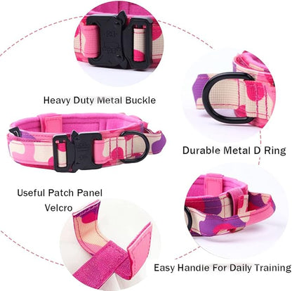 Tactical Military Dog Collar - Adjustable Nylon, Heavy Duty Metal Buckle With Handle for Training (Pink Camo, M)