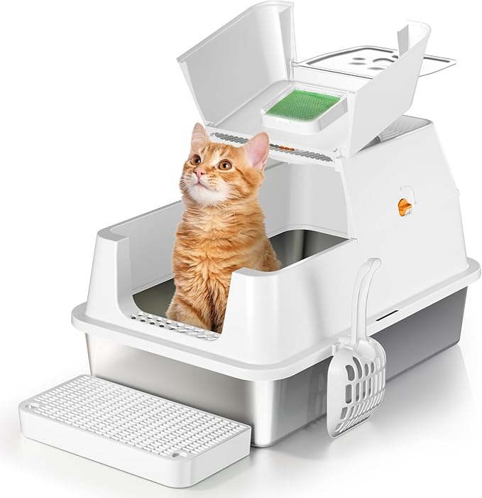Stainless Steel Cat Litter Box with Lid, 180° Flip-Top XL Extra Large Enclosed Litter Box, Covered Metal High Sided Litter Pan with Steps & Scoop, Easy Cleaning, Odor Control,Non-Sticky-White