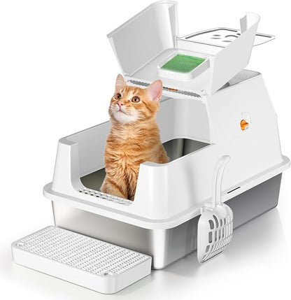 Stainless Steel Cat Litter Box with Lid, 180° Flip-Top XL Extra Large Enclosed Litter Box, Covered Metal High Sided Litter Pan with Steps & Scoop, Easy Cleaning, Odor Control,Non-Sticky-White