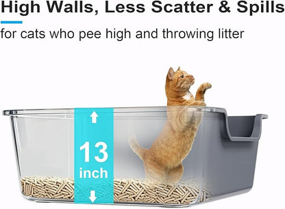 Extra Large Cat Litter Box (ABS Material), Low Entry High Sides Senior Litter Pen for Geriatric Kitty Big Cats, Jumbo Litter Boxes Tray for Multi Cat Indoor Pets Potty (Gray, 24" L x 20" W x13)