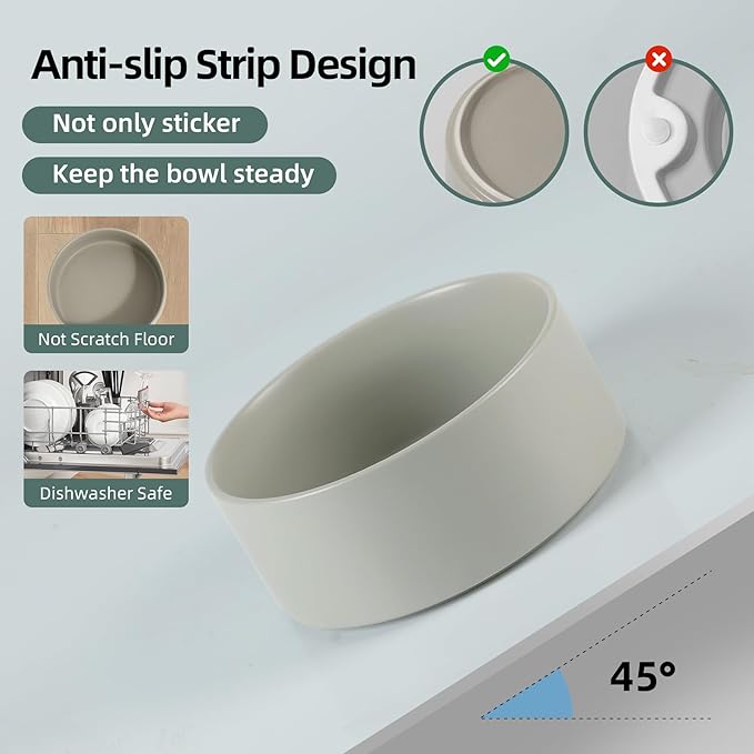 Ceramic 8.2inch Raised Dog Bowl Set, Elevated Feeder with Stand, Food and Water Bowl for Large Breed Dogs, Weighted Pet Dish(60oz, Grey)