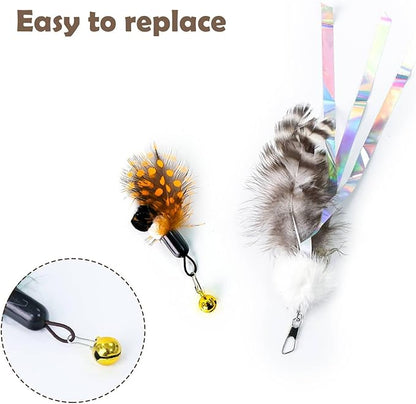 Hokaad Cat Insect Feather Toys - Feather Wand & 6 Natural Insect Refills - Interactive Cat Teaser with Bell