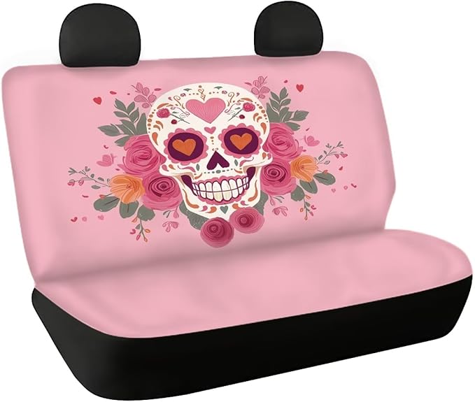 AFPANQZ Skull Flower Full Wrap Car Seat Covers Rear Bench Protection Cushion Backseat Mats Against Dirt & Pet Fur Dust-Proof Universal Car Accessories Decoration Set