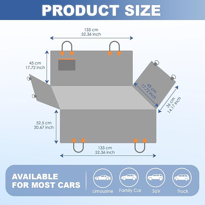 Dog Back Seat Cover Hammock, Waterproof 600D Heavy Duty Dog Car Seat Cover with Side Flaps, Scratch-Resistant Bench Seat Protector for Cars, SUVs & Trucks Grey