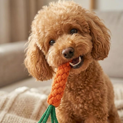 Cotton Rope Dog/Cat Toy, Handmade Braided Carrot Shape Chew Toy, Orange with Green Leaves, 8.66 Inch Length, Durable Pet Dental Toy, (1 Piece Set)