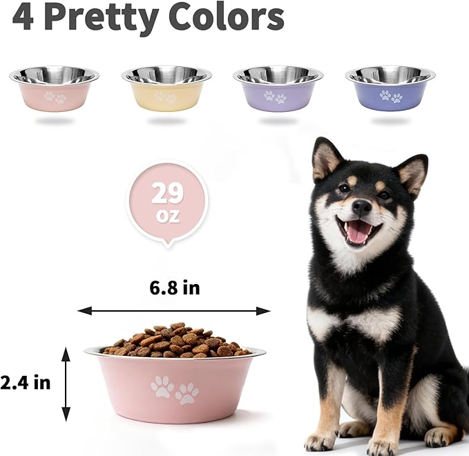 [4 Pack] Stainless Steel Dog Bowls, Colorful Metal Dog Food and Water Bowl with Non-Slip Quiet Bottom, Easy to Clean, Dishwasher Safe, Ideal for Feeding Large Medium Small Dogs Cats, 3.6 Cups (29 oz)