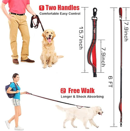 Dog Training Leash 6ft for Large Medium Dogs-2 Padded Traffic Handle Rope- Heavy Duty Shock Absorbing Bungee- Optional Hands Free for Dog Training, Walking, Jogging & Biking (Red)