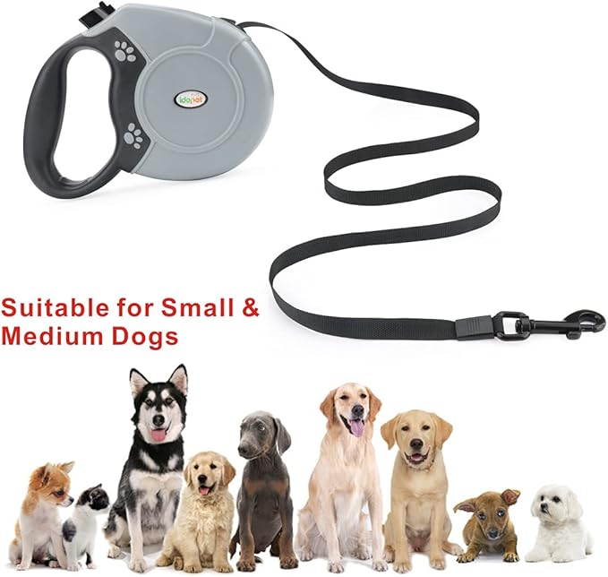 Idepet Heavy Duty Retractable Dog Leash for Small and Medium Dogs, Anti-Chewing Steel Chain 360 Degree Tangle-Free,Break and Lock System,16ft Leash for Dog Walking (Flat Rope)