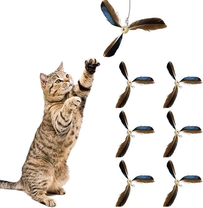 Faddare 6pcs Cat Wand Attachment, Spining Propeller Cat Toys, Cat Propeller Toy with Bell, Replacement Artificial Feather, Indoor Cat Toy, Cat Interactive Toy(Brown)