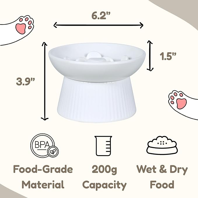 Unbreakable Raised Slow Feeder Bowl for Cats and Small Dogs, Elevated Cat Bowls, Detachable Slow Feede Bowl, Heavy Weighted, Non-Slip Feeder, Dry & Wet Food, Whisker Friendly Flat Plates (White