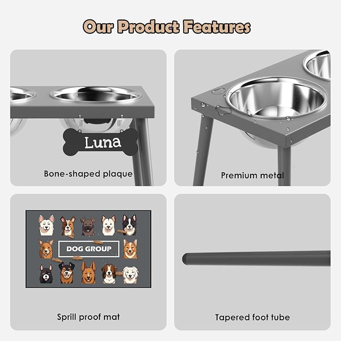 Raised Dog Bowl Stand for Large Dogs, 10” Tall Elevated Feeder with Spill-Proof Mat, Stainless Steel 58OZ Bowls for Food & Water, Gray Color (Mat Size: 16x24”)
