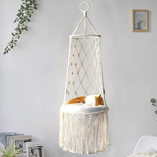 Macrame Cat Hammock, Hanging Bed with Cushion, Boho Style Cotton Rope Swing, White Handwoven Pet Furniture for Indoor Cats (1 White (Cushion Included), Inside Diameter 50)