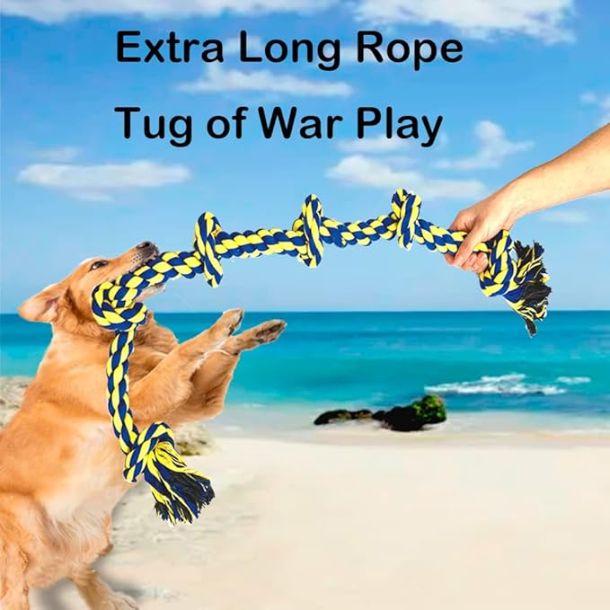 6 Knot 2 Pack 3.6 Feet Large Dog Chew Rope Heavy Duty Aggressive Chewer Durable Tough Toys Interactive Tug of War Play Outdoor Chewing Tugging Breed Pull Long Pulling Toy Pitbull, Blue&Red