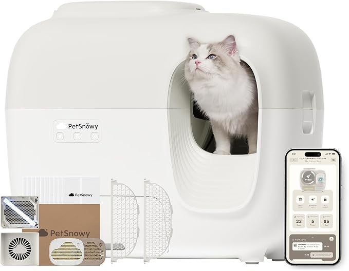 PetSnowy Self-Cleaning Automatic Cat Litter Box with Odor Control TiO2 System, Robot Litter Box with Auto-Packing, App Control, Large Cats & Multiple Cats (2026 Premium Version)