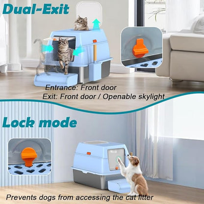 SZEE XL Stainless Steel Litter Box with Lid, Extra Large Metal Covered Litter Box, Stainless Box Easy Clean, Activated Charcoal Odor Control Design, Includes Litter Scoop & Mat & Step, Blue