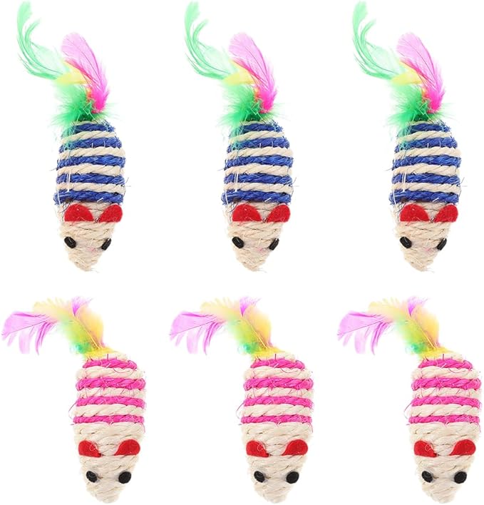 LOGOFUN 6pcs Cat Mouse Toys Sisal Mouse Shaped Toys Sisal Mice Toys with Feather Kitten Teething Toy for Pet Supplies - Pink+Blue