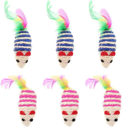 LOGOFUN 6pcs Cat Mouse Toys Sisal Mouse Shaped Toys Sisal Mice Toys with Feather Kitten Teething Toy for Pet Supplies - Pink+Blue