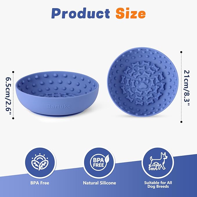 Dog Lick Bowl, Slow Feeder Dog Bowl Licking Mat for Small to Large Dogs, BPA-Free Non-Slip Silicone Slow Feeder Treat Dispenser for Anxiety Relief, Freezer & Dishwasher Safe (Blue, 8.3"×2.6")