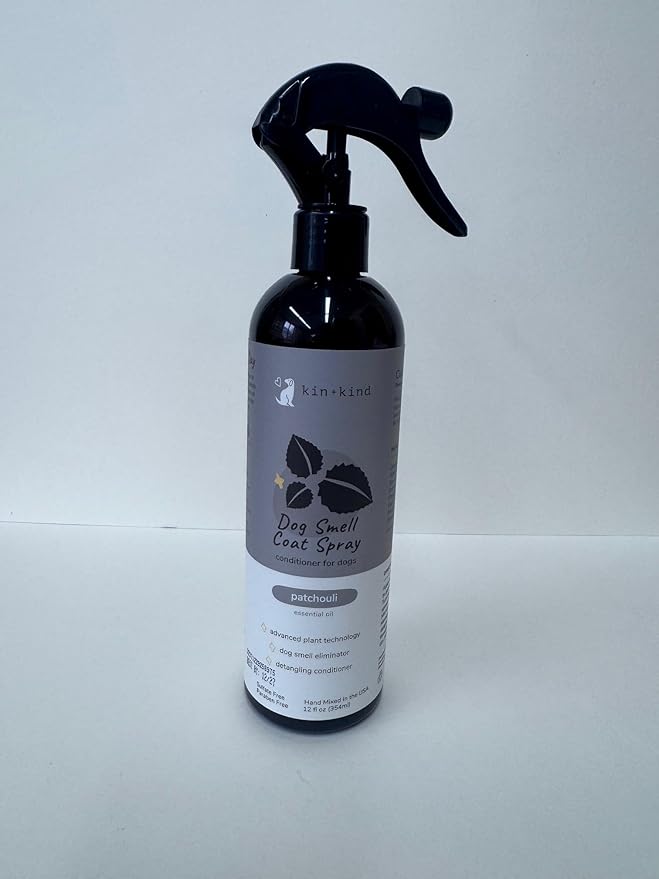 kin+kind Dog Coat Spray (12 fl oz) - Deodorizing Patchouli Formula with Long Lasting Dog Cologne Scent with Aloe Vera - Safe, Natural Odor Eliminator for Dogs - Made in USA (Patchouli)