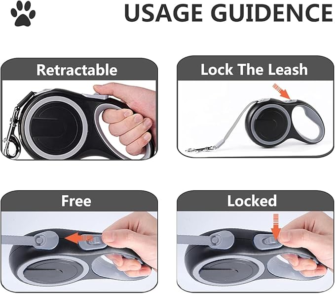 Dual Retractable Dog Leash for 2 Dogs (Grey) - 16ft Heavy Duty Leash with One Button Lock & 360° Tangle-Free Design, for Medium/Large Dogs up to 110lbs/50kg