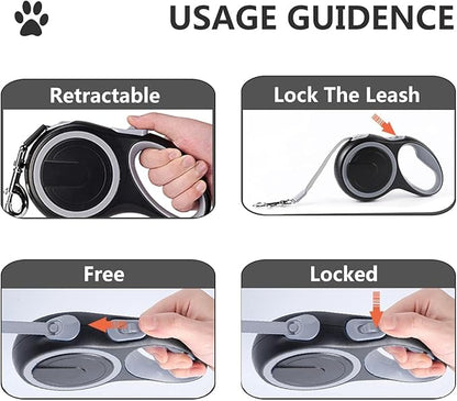 Dual Retractable Dog Leash for 2 Dogs (Grey) - 16ft Heavy Duty Leash with One Button Lock & 360° Tangle-Free Design, for Medium/Large Dogs up to 110lbs/50kg
