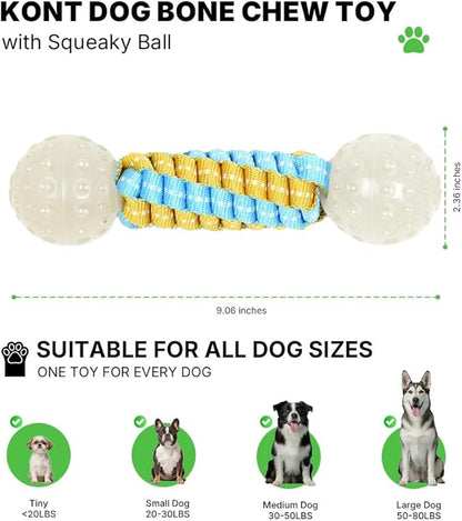Knot Dog Bone Chew Toy with Squeaky Ball - Glow in The Dark Interactive Dog Chew Toy, Rope Toy for Small, Medium and Large Dogs, Teeth Cleaning and Boredom Relief