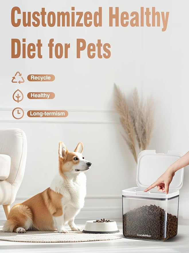 LivLab Mker Airtight Dog Food Storage Container 5 lbs - Pet Food Containers with Lids, Keeps Dry, Flour & Rice Storage Bin with Measuring Cup, Dog Treat & Cat Food Holder (6 lbs) White