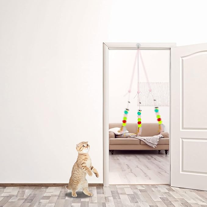 WishLotus Interactive Cat Toys, 2 PCS Retractable Hanging Door Self-Playing Cat Feather Toy, Soft and Cute Caterpillar Cat Toy with String, Sticky Hook and Bell for Cat Playing and Killing Time (A)