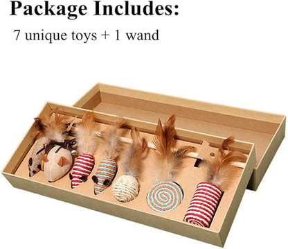 HAICHEN TEC 7 Pack Ferret Toys - Interactive Ferret Toys Assortments Feather Teaser Wand with Sisal Mice Balls and Bells Toys for Ferret Cat Kitten Puppy (7 Pack)