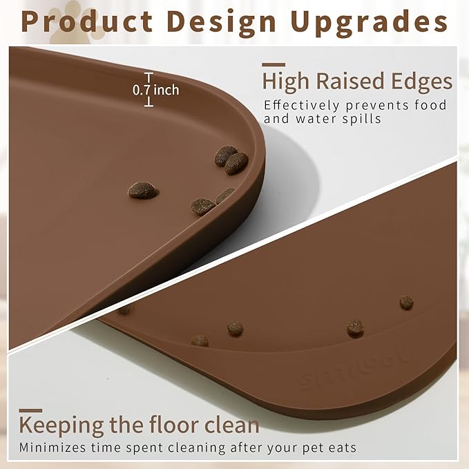 Silicone Pet Food Mat with Raised Edge for Food and Water Bowl, Dog Feeding Mats, Cat Food Trays for Floor Waterproof, Rubber Tray for Dogs and Cats, 19 x 12 x 0.7 Brown