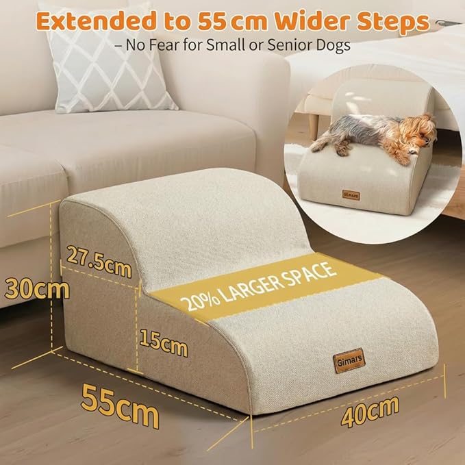 Gimars Extra Wide Sturdy 30D High Density Foam 2-Step Dog Stairs for Sofa, Pet Stair for Small Medium Dog Beige