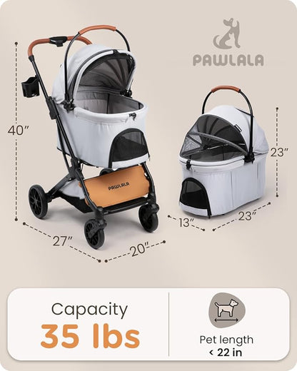 Pet Stroller with Detachable Carrier for Small, Medium Dogs & Cats, Lightweight Foldable Design, Travel-Ready, Compact Storage (Cloud Gray)