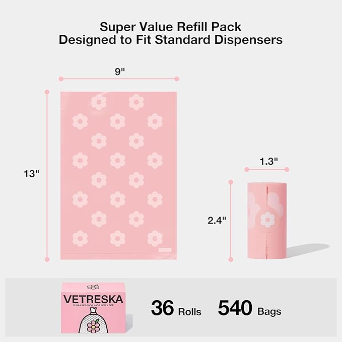 VETRESKA Lavender Scented Dog Poop Bags, Leak Proof, Extra Thick and Large Pet Waste Bags for Dog Walking and Cat Litter, 36 Refill Rolls, 540 Bags, Pink