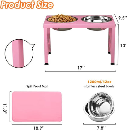 Pink Metal Raised Dog Bowl Stand for Large Dogs, Stronger Elevated Dogs Bowls with Sprill Proof Mat, Food & Water Bowl 10in Tall Feeder (42OZ-Stainless Steel Dog Bowls, Mat-12x19 in)