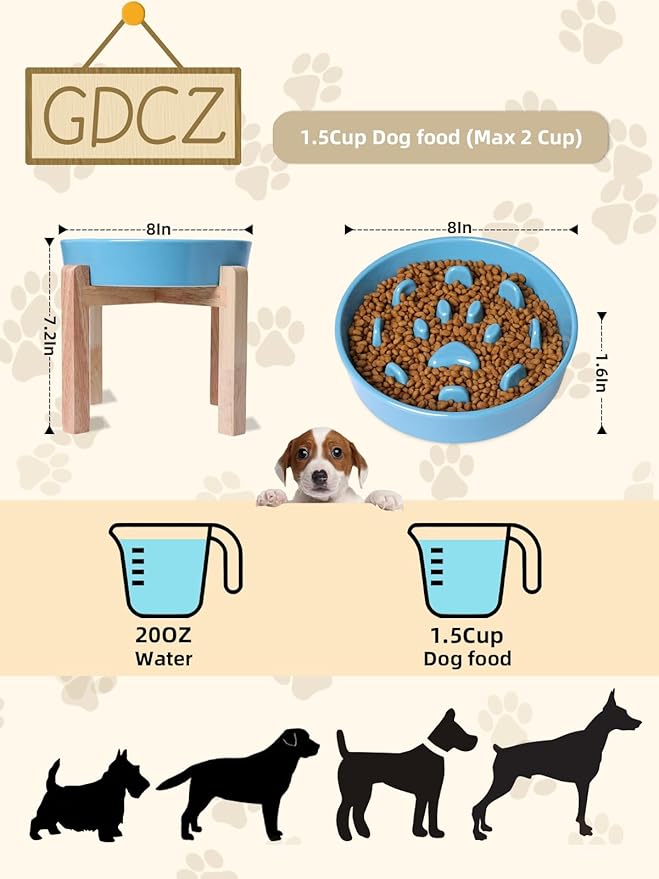 Dog Slow Feeder Bowl with Stand, Round Ceramic Pet Food Bowl for Medium Breed, Fun Raised Dog Bowls to Slow Down Eating (Turquoise)