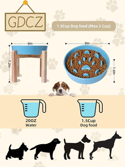 Dog Slow Feeder Bowl with Stand, Round Ceramic Pet Food Bowl for Medium Breed, Fun Raised Dog Bowls to Slow Down Eating (Turquoise)