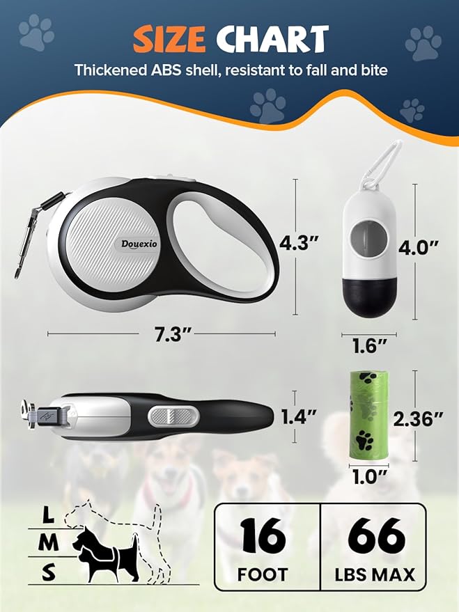Retractable Dog Leash with LED Flashlight, Douexio Upgrade 3 in 1 Dog Leash Retractable for Small Medium Dogs Up to 66 lbs, Anti-Slip Handle (White)
