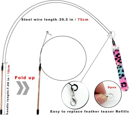 Cat Feather Toys, 1 Elasticity Cat Toy Wand and 8 Pieces Feathers Worms Refill, Interactive Teaser Cat Wand Toy for Indoor Cats Play Exercise