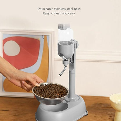 Pet Standing Water Dispenser, Multifunctional 2 in 1 Detachable Height Adjustable Small Pet Puppy Dog Kitten Bowl, Automatic Dog Water Dispenser for Puppy Dog Cat,Grey,11 x 7.7 x 15.4in