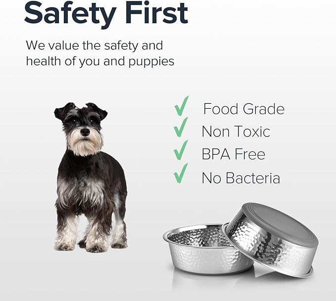 URBUDDIES 2 Pack Hammered Stainless Steel Dog Bowls, Premium Metal Dog Bowls with Non Slip Rubber Bottom, Dishwasher Safe, Easy to Clean, 4 Cup, Gray Bottom