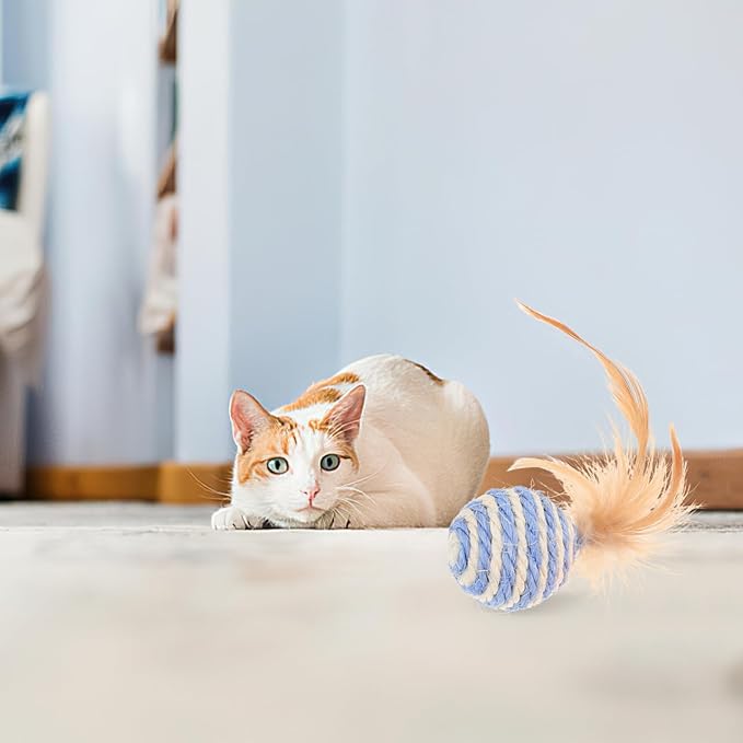 3pcs Cat Toys Balls, Interactive Feather Sisal Ball for Indoor Cats, Rolling Toys Design for Exercise and Fun, 1.96 Inch Size - Random Color
