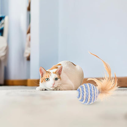 3pcs Cat Toys Balls, Interactive Feather Sisal Ball for Indoor Cats, Rolling Toys Design for Exercise and Fun, 1.96 Inch Size - Random Color
