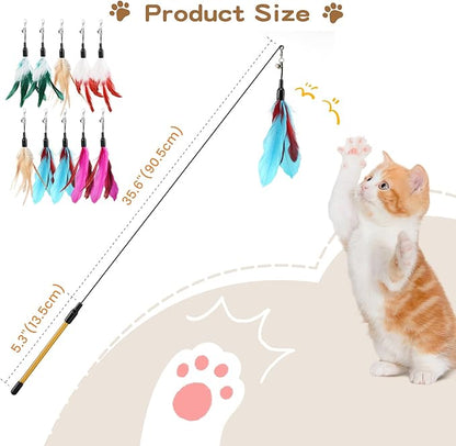 Pawaboo Feather Teaser Cat Toy, Interactive Wands Cats Toy Flying Feathers Cat Catcher with Extra Long 34.5" Wand and Small Bell, Playing Toys, 1 Wand + 10 Feathers, Multi-Color Feather Blend