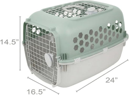 Hard-Sided Pet Carrier for Dogs and Cats | 24-Inch Top-Load Travel Kennel with Double Door Entry | Heavy-Duty Plastic Crate for Vet Visits & House Training, Green/Gray, Up to 30 lbs Capacity