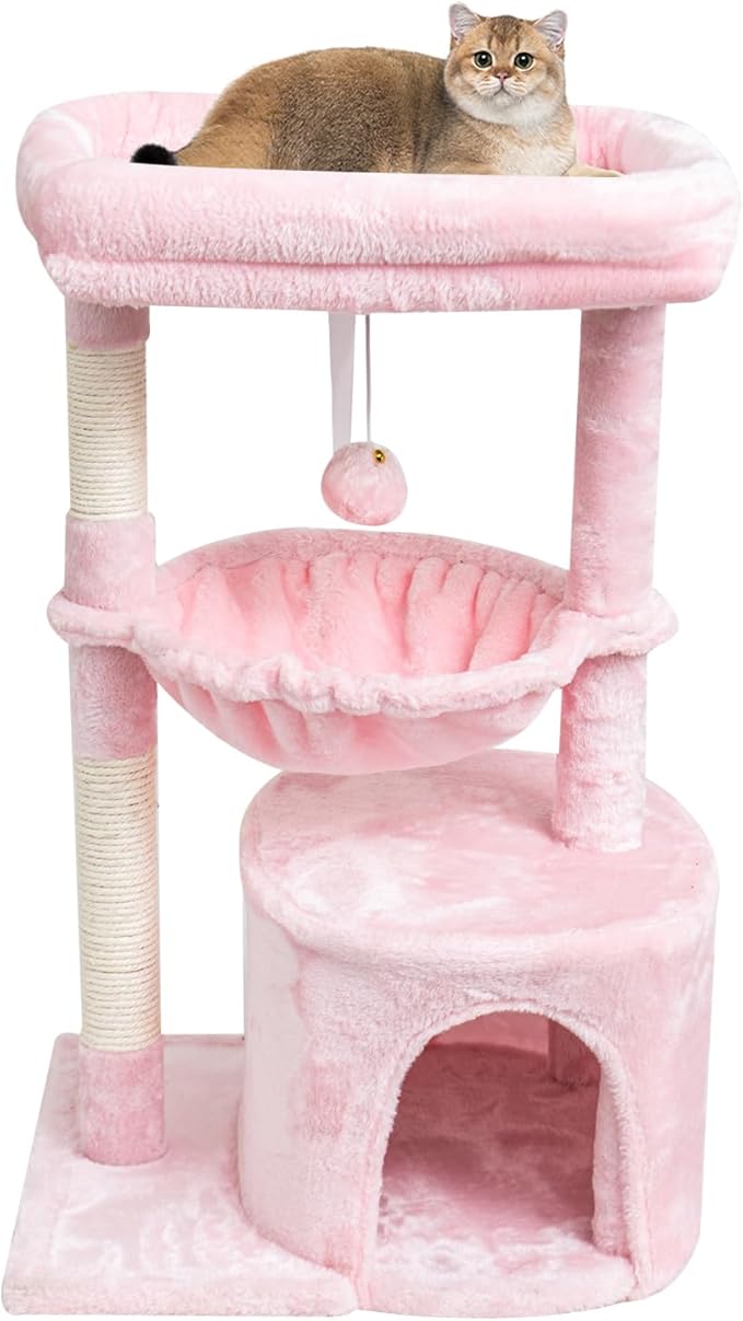 SYANDLVY Small Cat Tree for Indoor Cats, Cat Tower with Scratching Post, Modern Cat House with Padded Perch, Kittens Condo with Cradle, Cat Cave, Pink